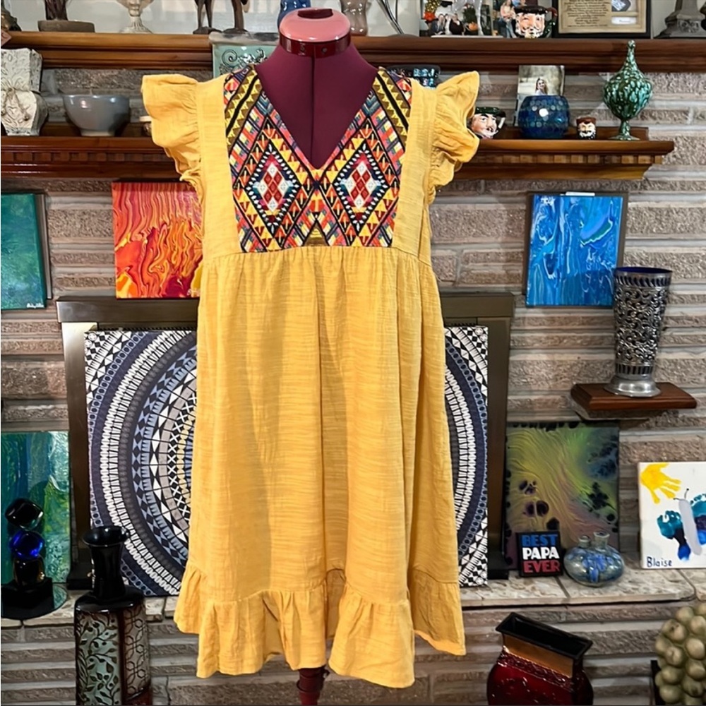 Thml Women's Mustard Yellow Bohemian Ruffle Babydoll Dress Tribal Embroidery MED